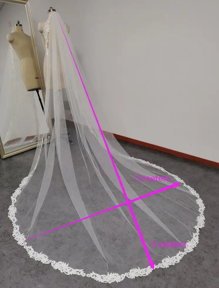 Lace Long Wedding Veil with Comb 3 Meters Cathedral One Layer White Ivory Bridal Veil Voile Mariage Wedding Accessories