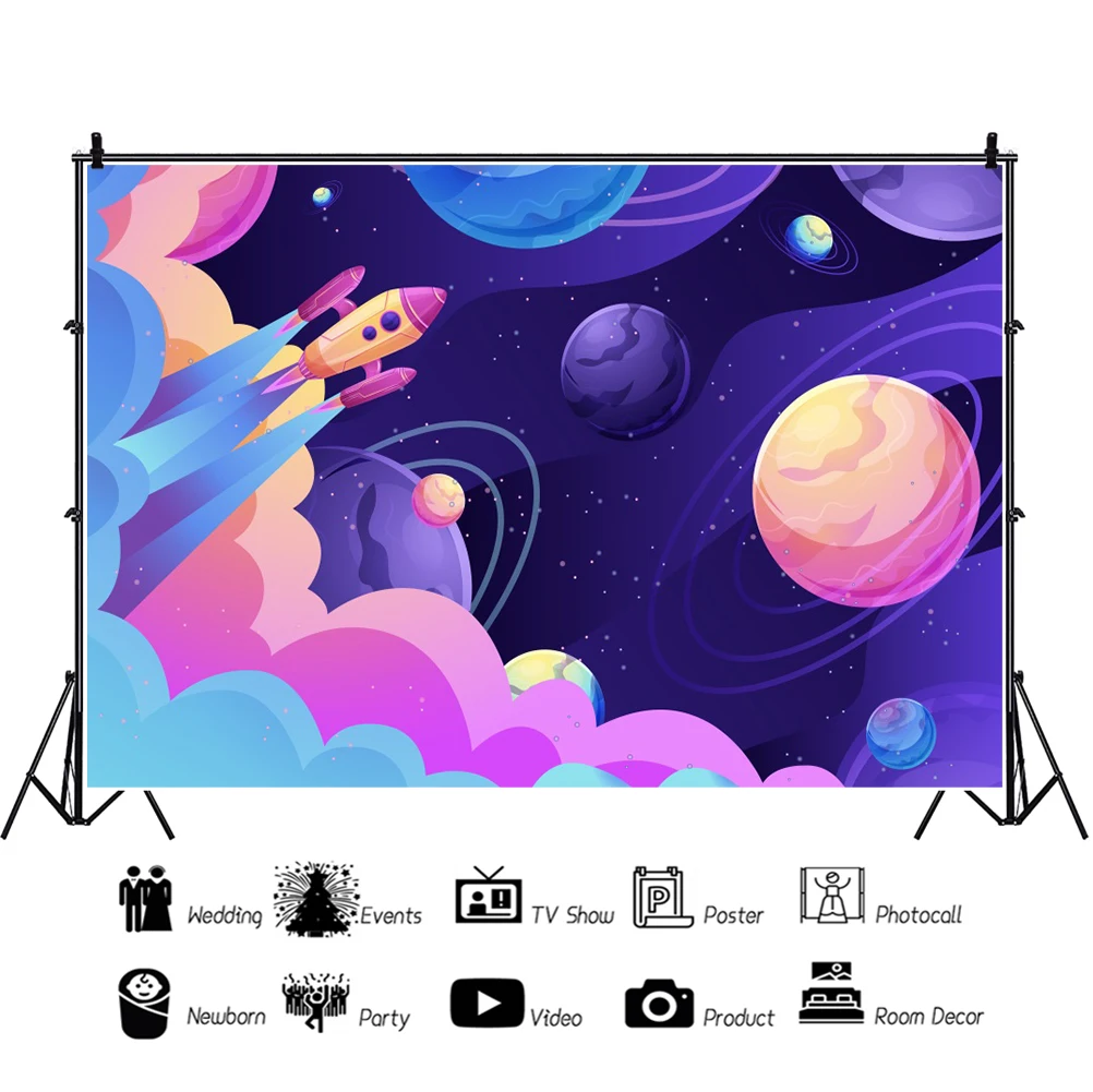 Laeacco เด็กวันเกิดการถ่ายภาพพื้นหลังที่มีสีสัน Fantastic Planet Rocket ภาพที่กำหนดเองฉากหลัง Photocall สำหรับ Photo Stud