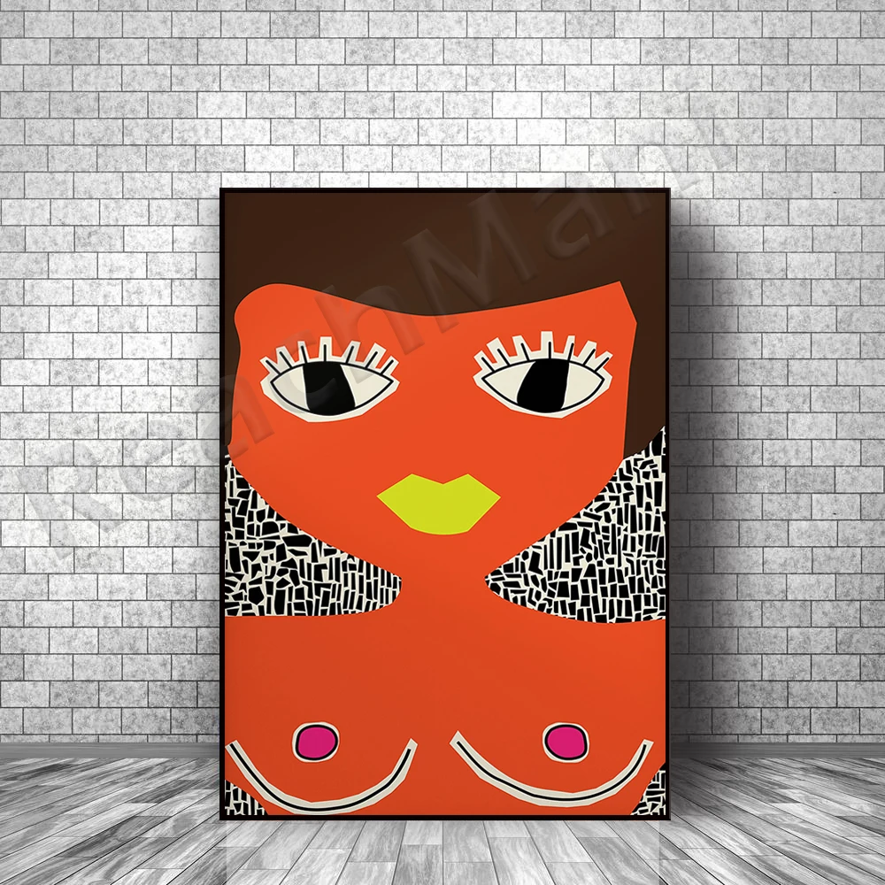 Female sexy portrait abstract wall art prints, feminist art, orange red black women mid-century modern retro living room apartme