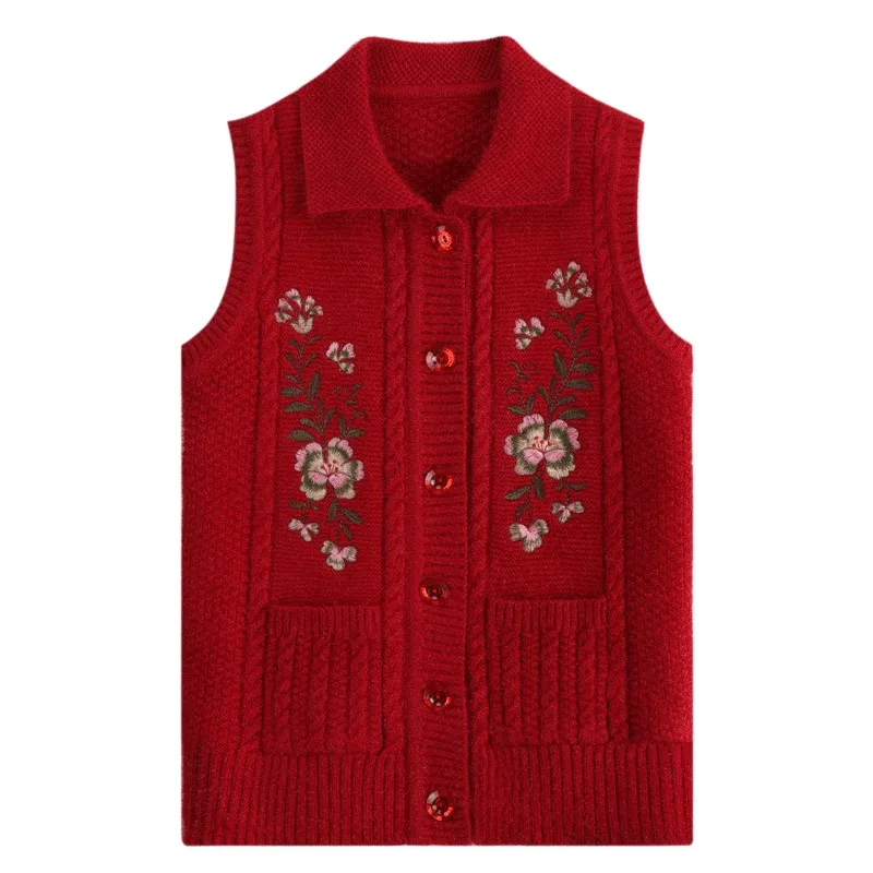 New 2024 Middle The Elderly Autumn Winter Women Sweater Cardigan Vest Female Knitting Waistcoat Single-Breasted Sweater