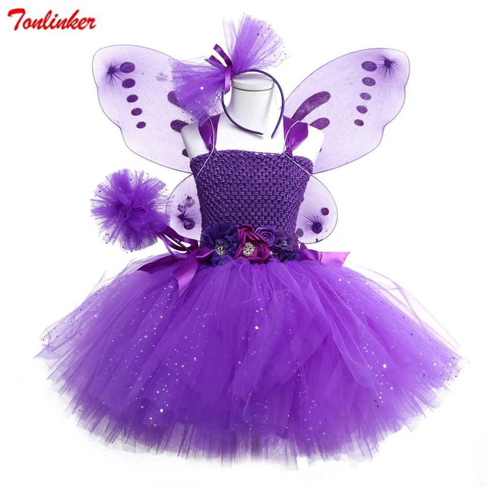 Girls Sequin Butterfly Fairy Costume Christmas Kids Birthday Party Purple  Mesh Tutu Dresses Halloween Princess Cosplay Costume