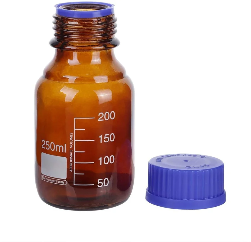 6 Pack Amber Borosilicate Glass 250 mL Graduated Round Lab Reagent Media/Storage Bottle With GL45 Blue Screw Cap