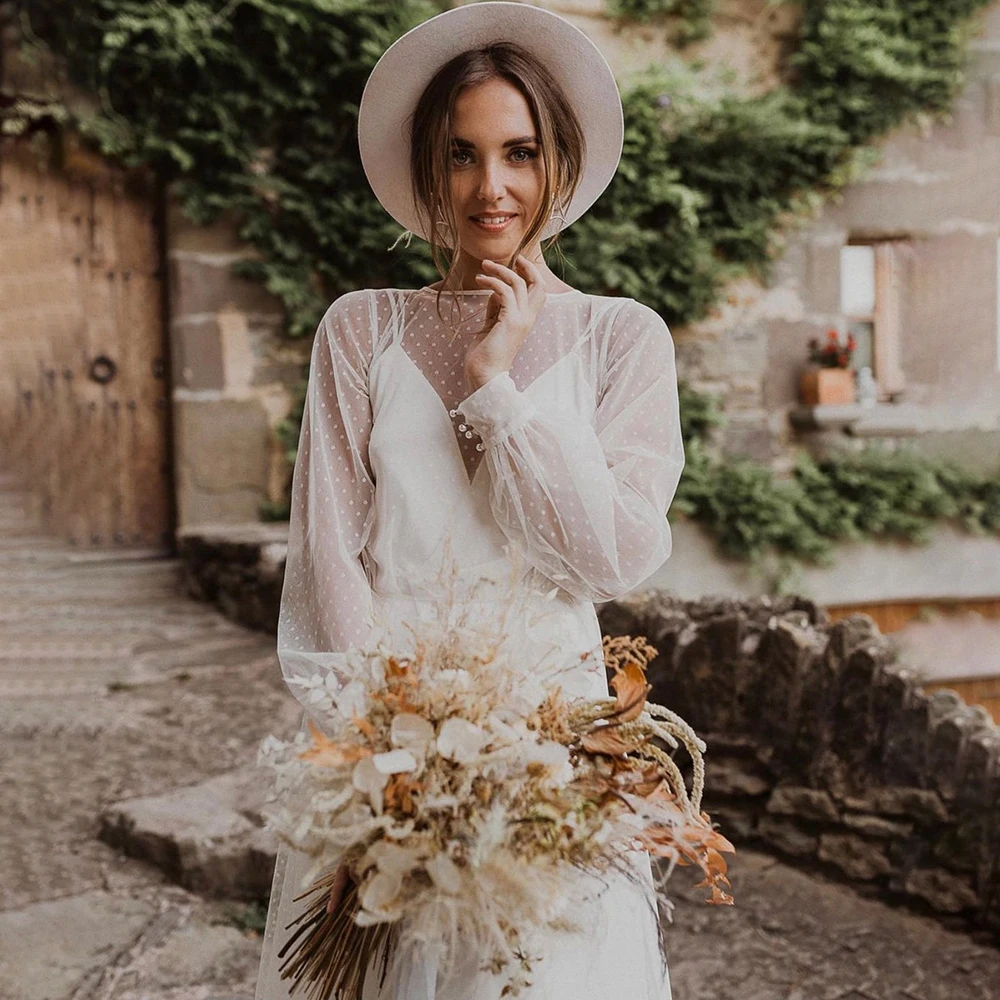 Foto reale trasparente pois abiti da sposa in Tulle maniche lunghe su misura una linea abito da sposa scollo A barchetta alto spiaggia