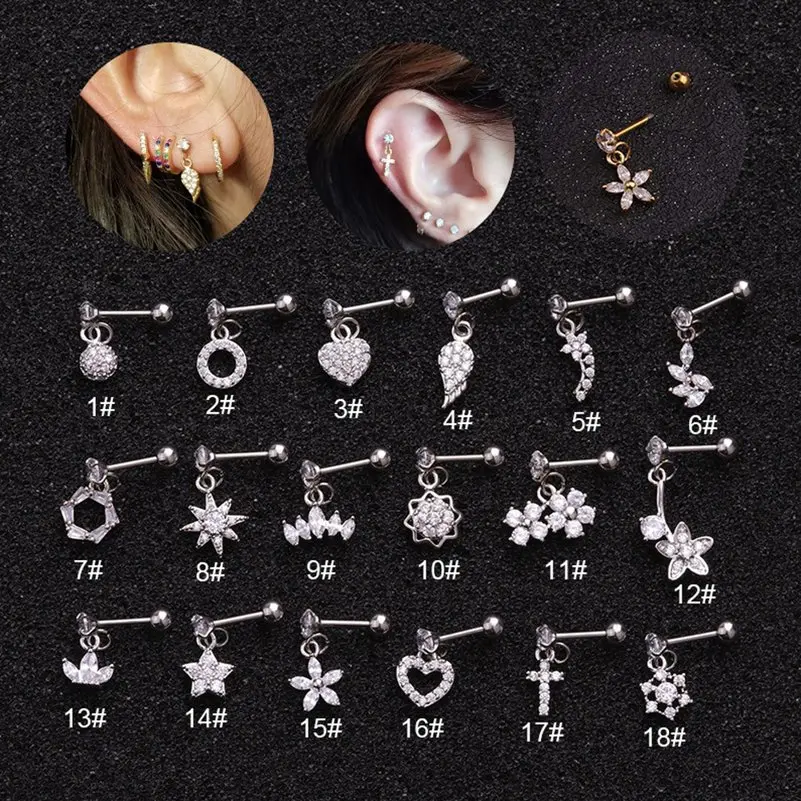 1PC CZ Cross Heart Flower Pendant Dangle Cartilage Earring Helix Tragus Rook Lobe Ear Piercing Jewelry