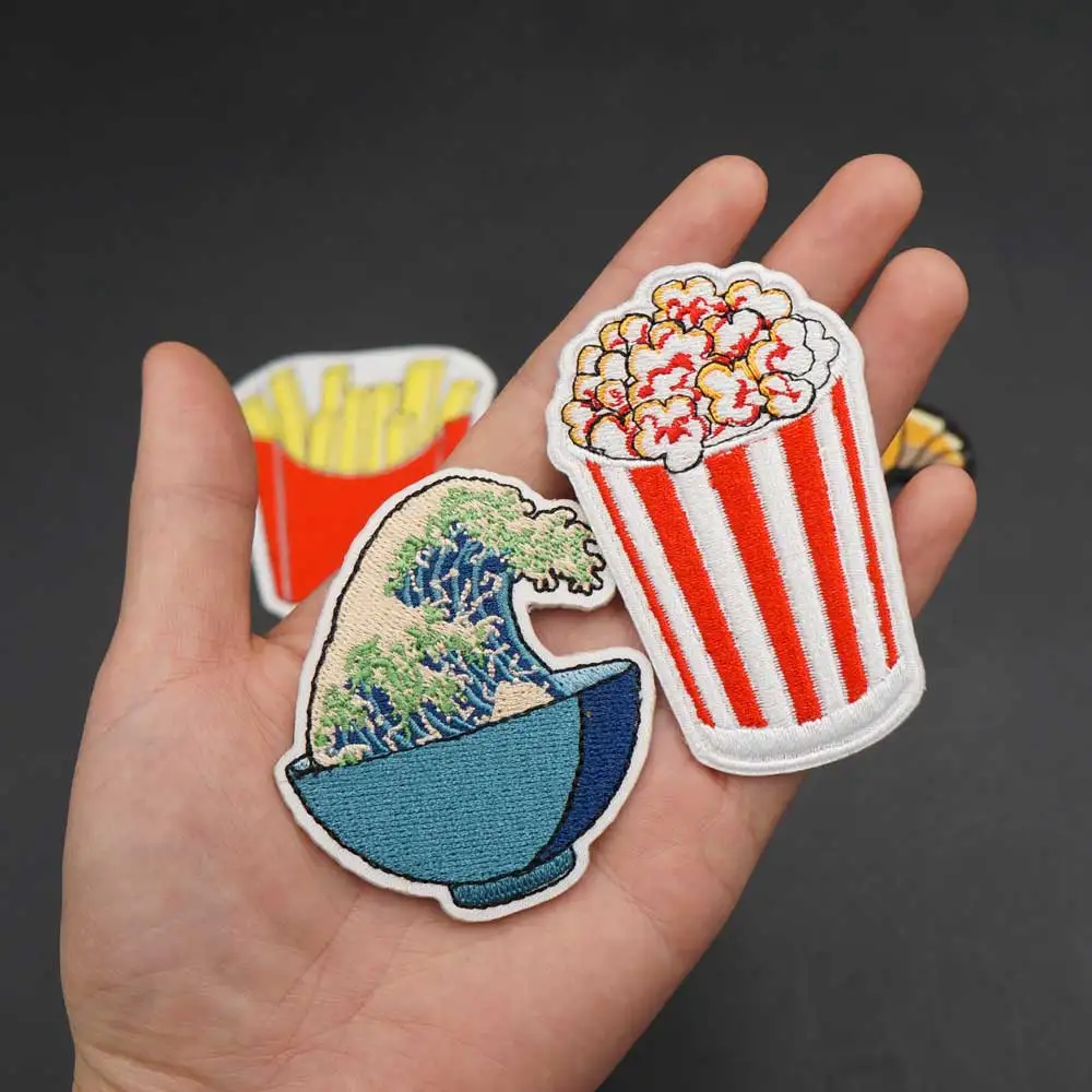 French Fries Popcorn Croissant Ice Cream Creative Embroidered Iron On Patches for Kids Clothes Badges Accessories Appliques