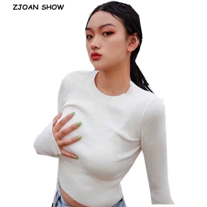 

6 CLR 2019 Women Knit Striped Line Round collar Sweater Vintage Exposed navel Short Pullover Knitwear Long sleeve Jumper Tops