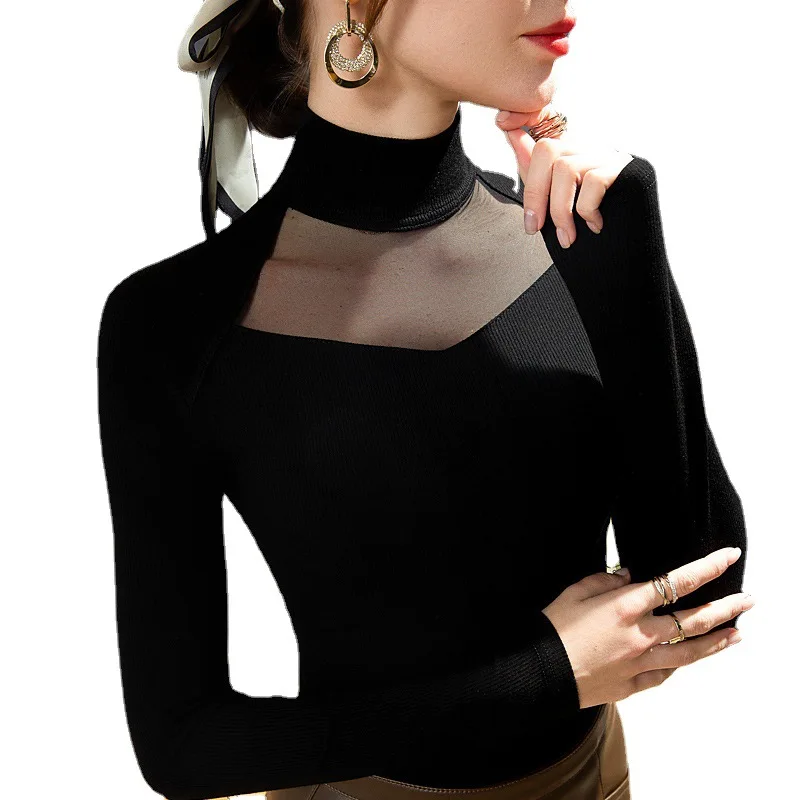 High Neck Mesh Hollow Stitching Stretch T-shirt Bottoming Shirt New Autumn and Winter Long-sleeved Pullover Top