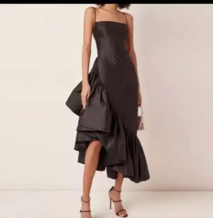 

Verngo Black Taffeta Evening Party Dresses Spaghetti Straps Ruffles Side Tea Length Asymmetric Modern Prom Gowns