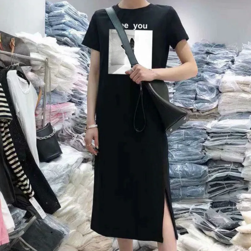 Summer Women Dress Short Sleeve Tshirtdress Cartoon Casual Harajuku 90s Solid Simple Black Long Dresses Female Clothes 2021