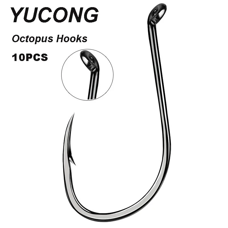 YUCONG-anzuelos de pesca individuales, anzuelos de pulpo de acero con alto contenido de carbono, anzuelos de púas, anillo de carpa, anzuelo de ojo, 1/0-8/0 #, 10 unidades por lote