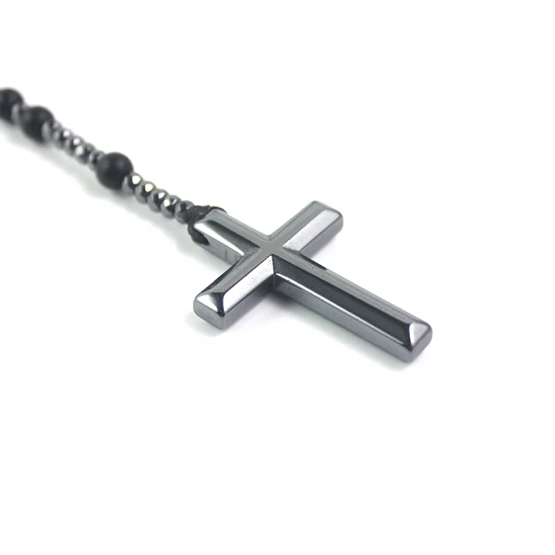 New Arriveal Matte Black Stone Beads with Hematite Faced Beads Cross Pendant Necklace Mens Jewelry Rosaray NSN013