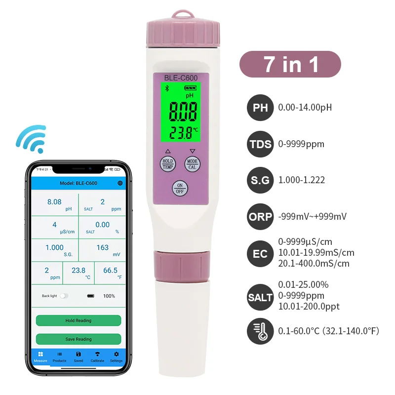 Bluetooth-compatible 7 in 1 PH/TDS/EC/ORP/Salinity /S. G/Temp Meter Water Quality Tester for Drinking Water, Aquariums PH Meter