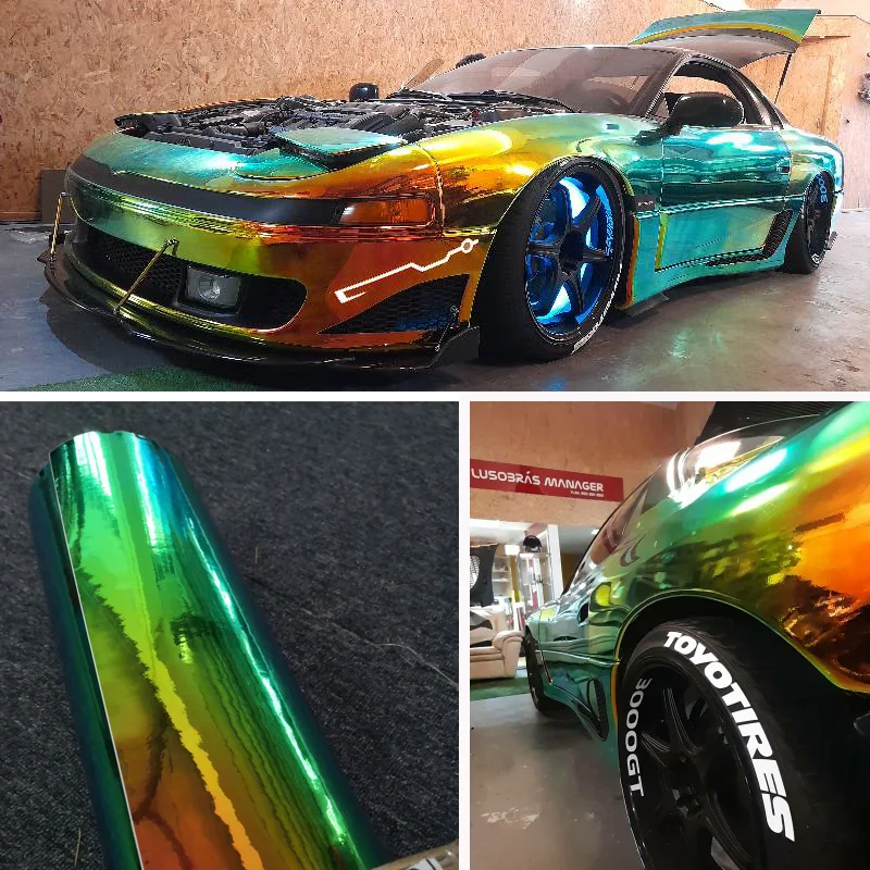 18mx1.35m Holographic Chameleon Green Gold Neo Chrome Car Body Vinyl Wrap Film Roll Sticker Decals Color Changing, Unstretchable