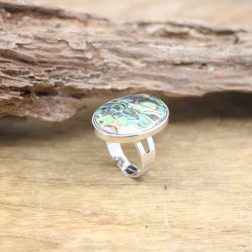 Oval Paua Shell Silvery Ring Round Natural Rainbow/Pink/White Abalone Shell Resizable Ring Women Fashion Summer Jewelry,QC4134