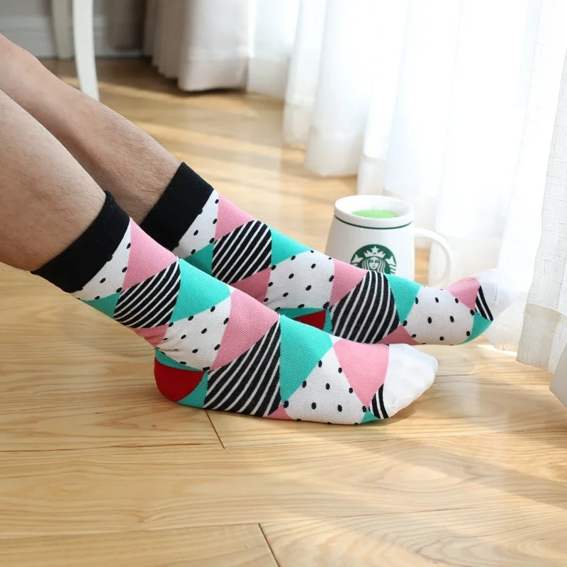 Classic Colorful Cotton Men's Socks Funny Geometric Plaid Striped Happy Casual Harajuku Hip Hop Graphic Socks For Wedding Gift