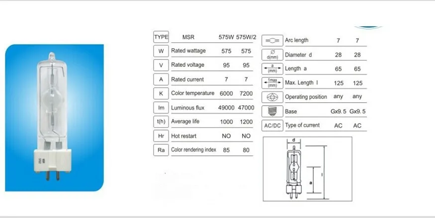 2024 Metal Halide Bulb MSR 575/2 MSD575 Stage Lamp GX9.5 575W