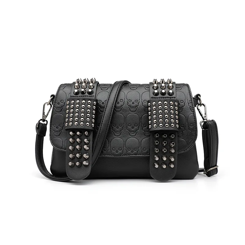 Women's Black Leather Messenger Bags 2022 Fashion For Female Vintage Crossbody Cool Skull Rivets Hand Shoulder Bags sac bolsa