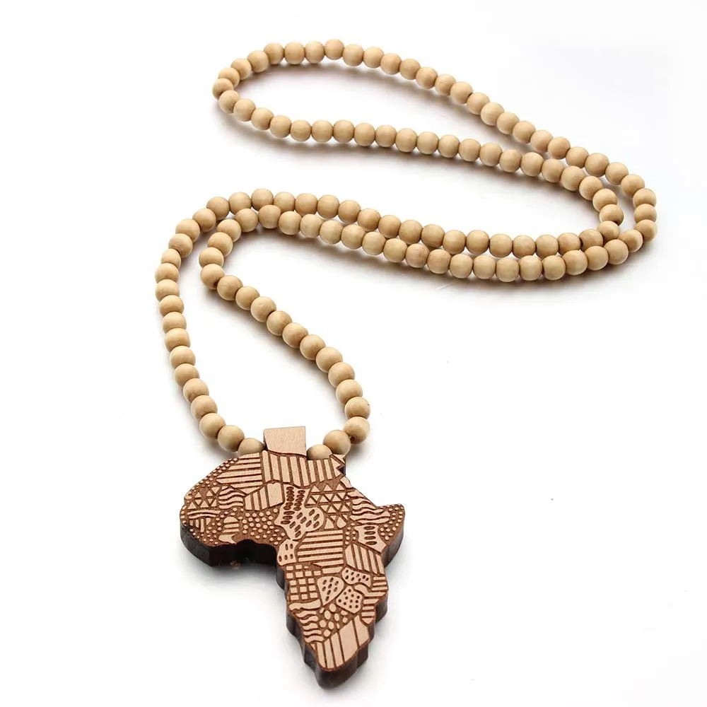 8MM Round Wood Beads Engraved DIY Chain African Map Pendant Necklace For Men Women New Jewelry Neckline Decorate Gift Accessory