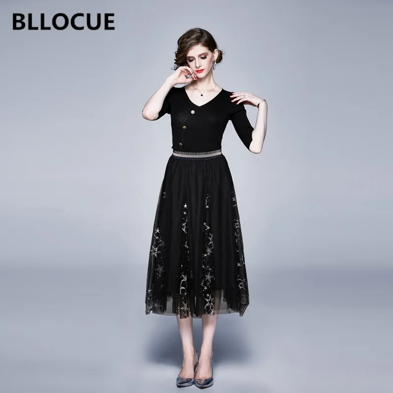 BLLOCUE 2020 New Autumn Women Elegant Black Knit Pullovers Sweater + Embroidery Mesh A-line Skirt Two Piece Set