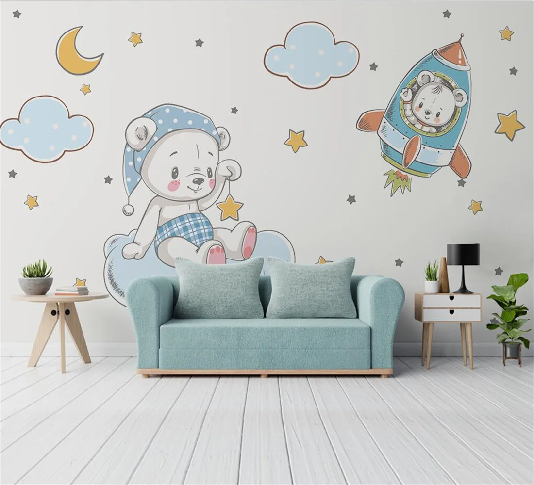 Custom Living Room Animal Photo Wall Decoration Painting Cartoon stars clouds Wallpaper For Kids Room wallpaper