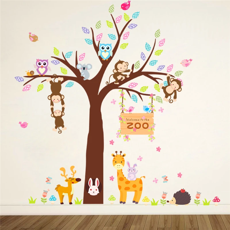 lovely owl monkey giraffe tree zoo wall stickers for kids rooms home decor cartoon animals wall decals pvc mural art diy posters