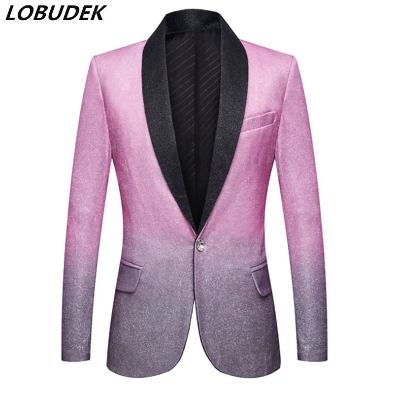 

Men Formal Gradient Color Blazer Pink Gold Powder One Button Slim Suit Jacket Evening Party Host Singer Stage Performance Tuxedo