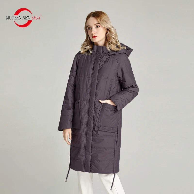 MODERN NEW SAGA Autumn Women Coat Spring Cotton Padded Jacket Hooded Parka Women Long Coat Windproof Zipper Plus Size Outerwear