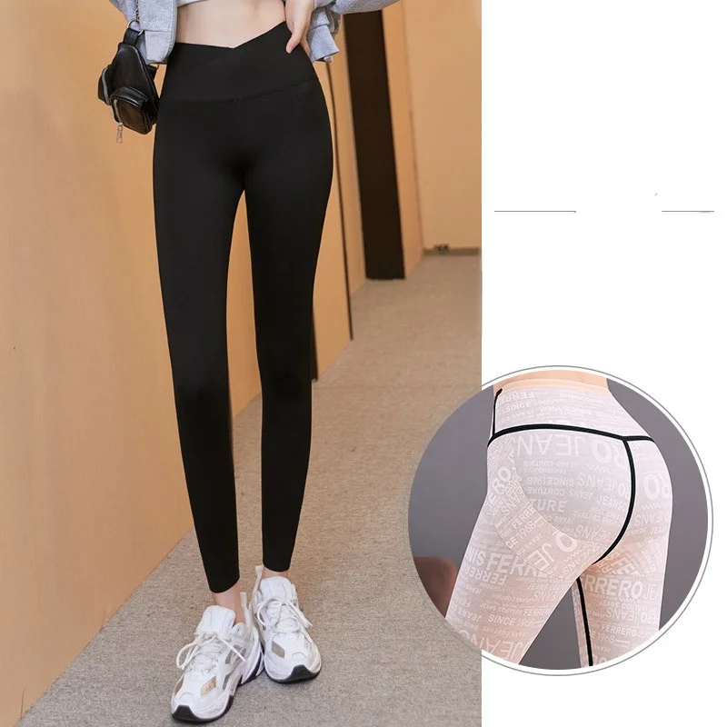 Thickened Shark Skin Leggings for Women, Cross High Waist, Hip Lifting, Belly Closing, Yoga Pants, Autumn and Winter Wear