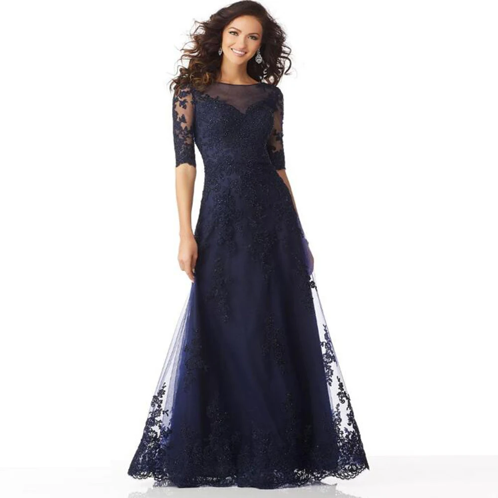 Modern Navy Blue Lace Mermaid Mother of the Bride Dresses Half Sleeve Illusion Boat Neck Wedding Party Gowns Back Out 2023