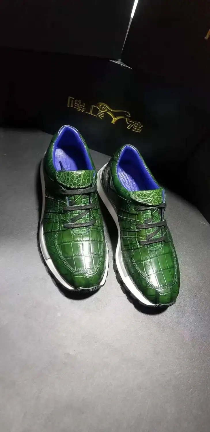 

100% Genuine real crocodile skin men shoe matt green colors crocodile belly skin men fashion sport leisure shoe