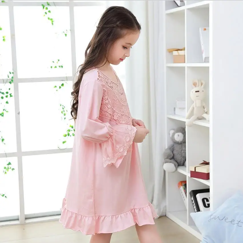 Sping outono novo bebê menina manga longa camisola crianças 100% algodão vestido de sono crianças rendas princesa pijamas macios 2-16y wz250