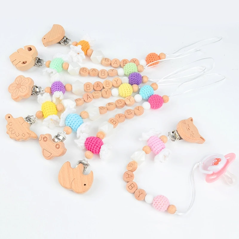 1PC Baby Pacifier Chain Elephant Wooden Clip Geometric Crochet Beads Bag Wood Teether Tiny Rod Dummy Clips Baby Pacifier Holder