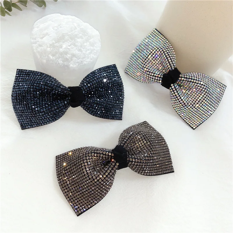 Women Elegant Fashion Bowknot Hair Clip Headdress Crystal Pearl Black Diamond Spring Clip Hairpin Headwear Hari Accessories