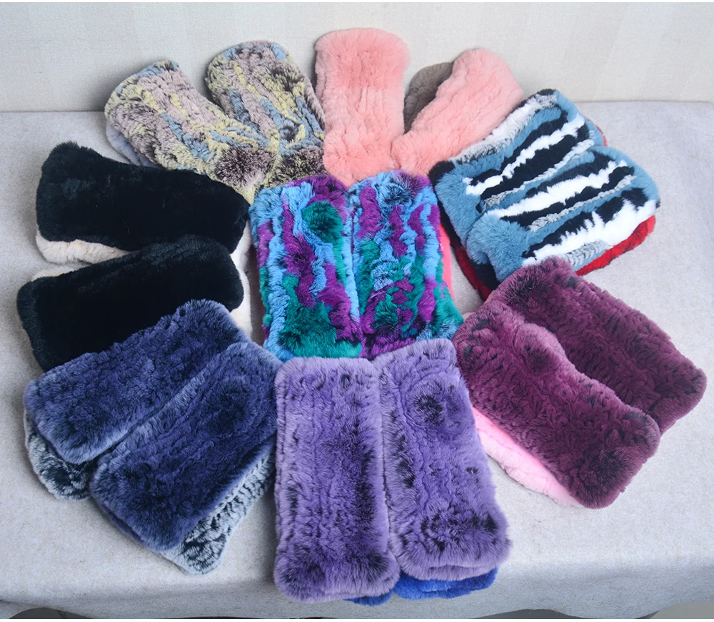 New Women 100% Real Genuine Knitted Rex Rabbit Fur Mittens Winter Warm Lady Real Fur Fingerless Gloves Handmade Knit Fur Mitten