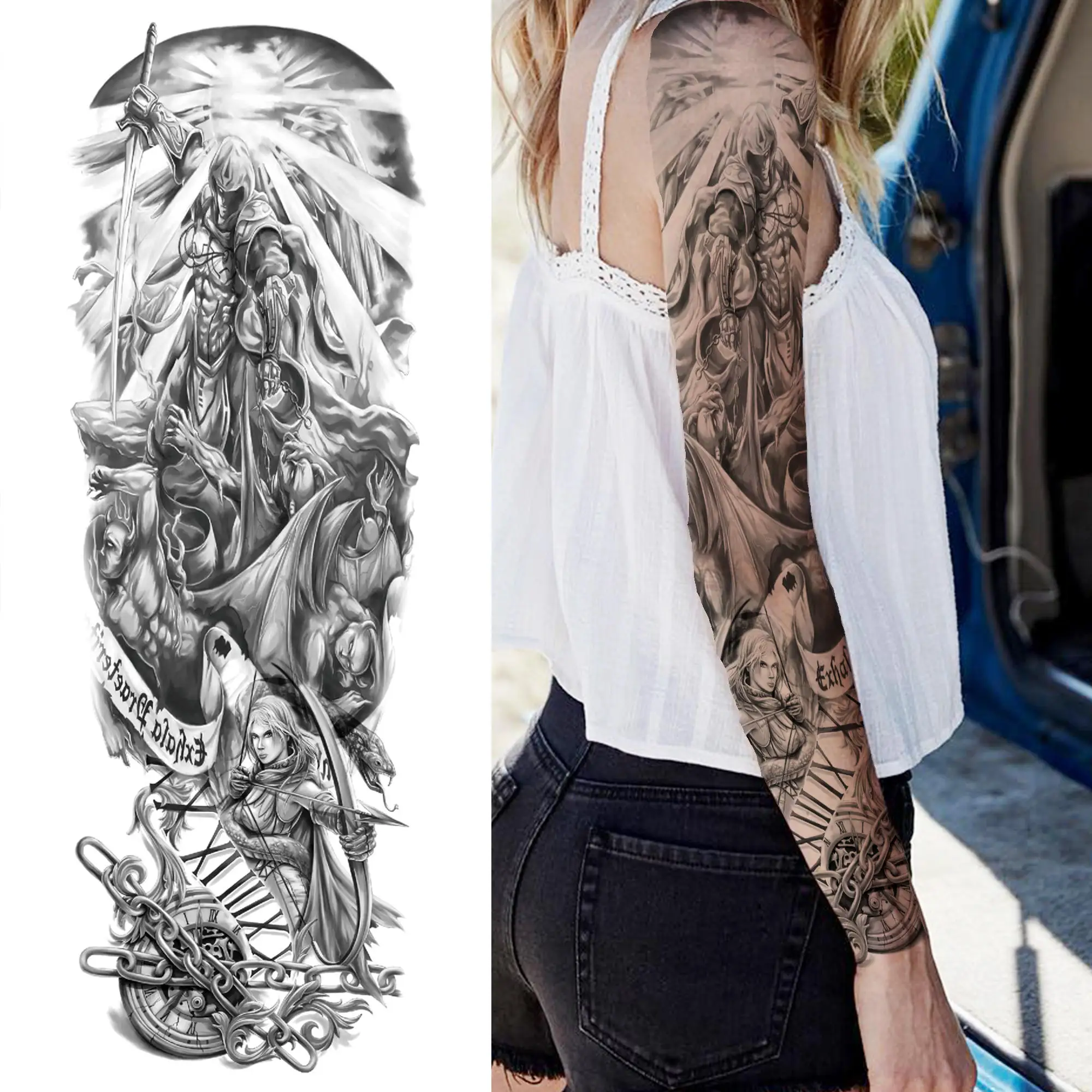 Black Compass Lion Temporary Tattoos Sleeve For Women Men Realistic Fake Eagle Eye Skull Samurai Tatoos Full Arm Tattoo Sticker