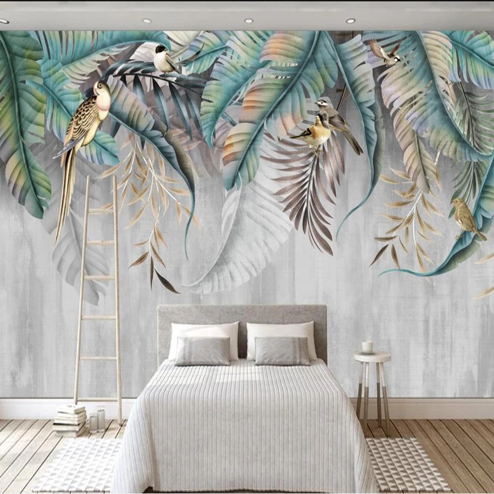 Custom Large 3d Wallpaper Mural Nordic Plant Leaves Flowers And Birds Background Wall Vintage Hand Drawn Decoration Painting