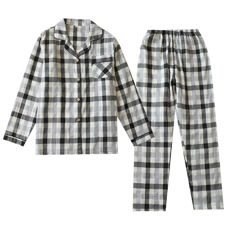 Men and Women Leisure Loose Plaid Printing Pajamas Sleepwear Comfortable Cotton Gauze Long Sleeve Pajama Home Clothes Loungewear