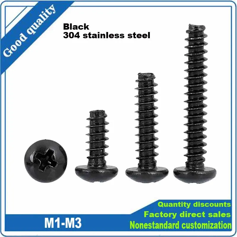 

50X M1 M1.2 M1.4 M1.7 M2 M2.3 M2.6 M3 Black 304 Stainless Steel Cross Recess Phillips Pan Round Head Flat End Self Tapping Screw