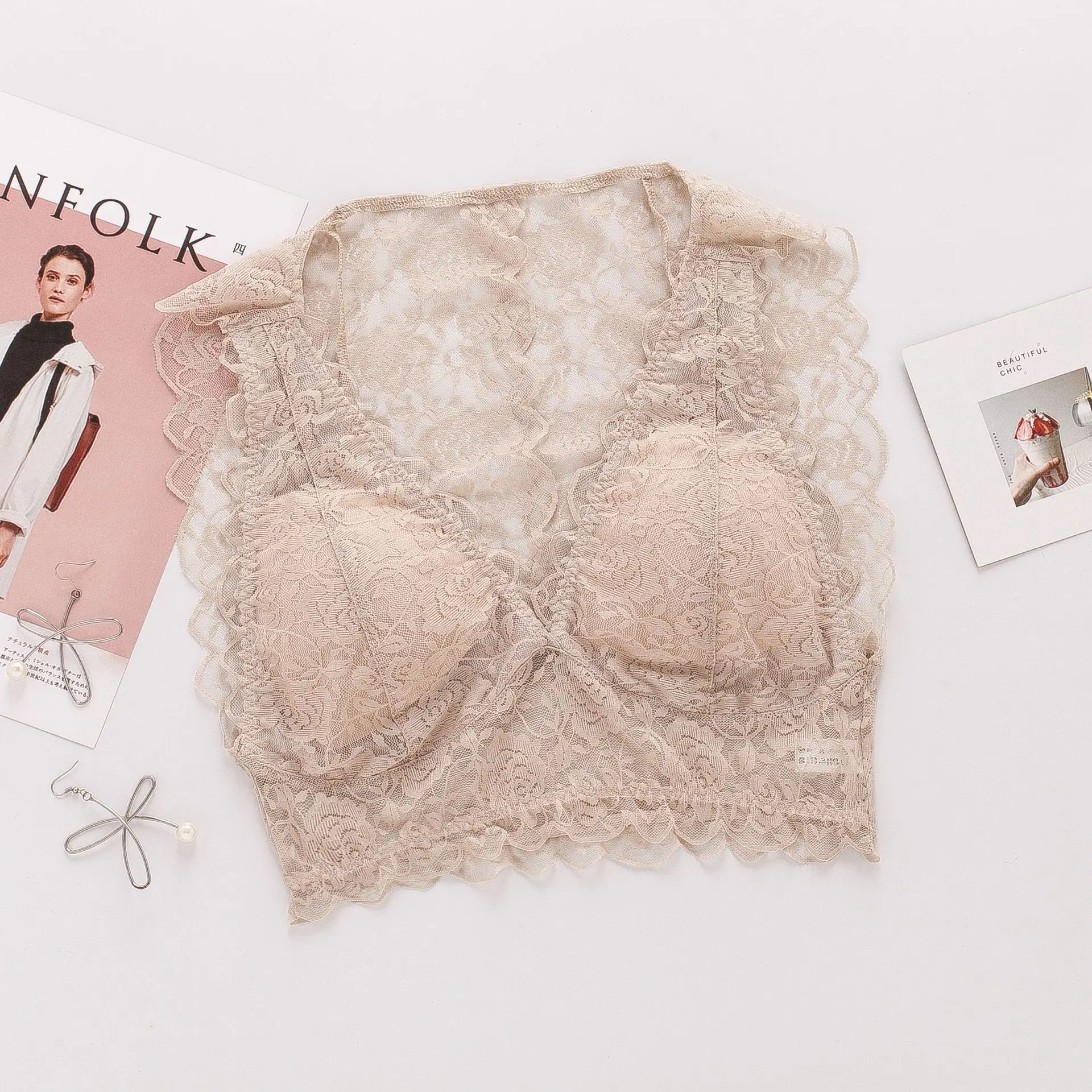 Birdsky, 2PC Women silk vest bra brassiere tube top breast top padded sexy lace wrapping suspender wire rimless. OR-71