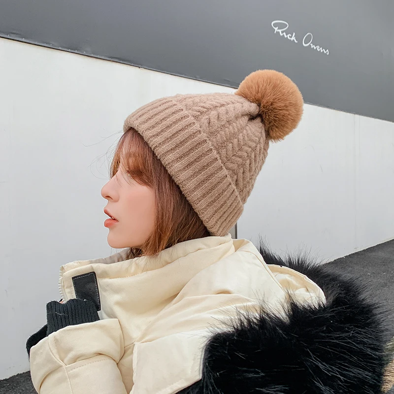 H3565 Women Knitted Beanie Hat Female Warm Ear Protection Thickened Skullies Cap Japanese Korean Winter Simple Pure Color Hats