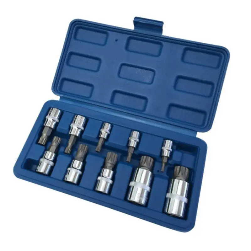 10Pcs 12 Point Triple Square Spline Bit Socket Set Tamper Proof with Case Automotive Tool Kit