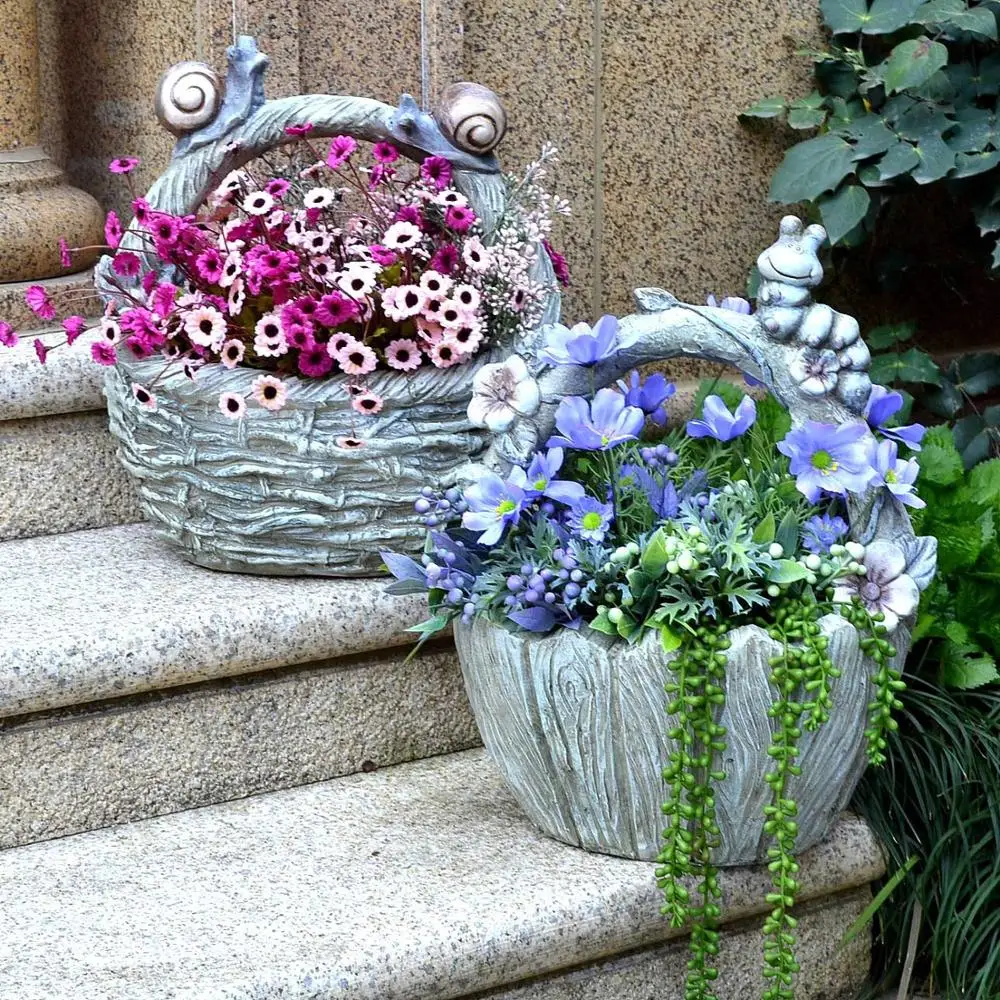 Outdoor Garden Cement Snail Flower Basket Statue Ornaments Courtyard Balcony Kindergarten Flower Pot Figurines Decoration Crafts