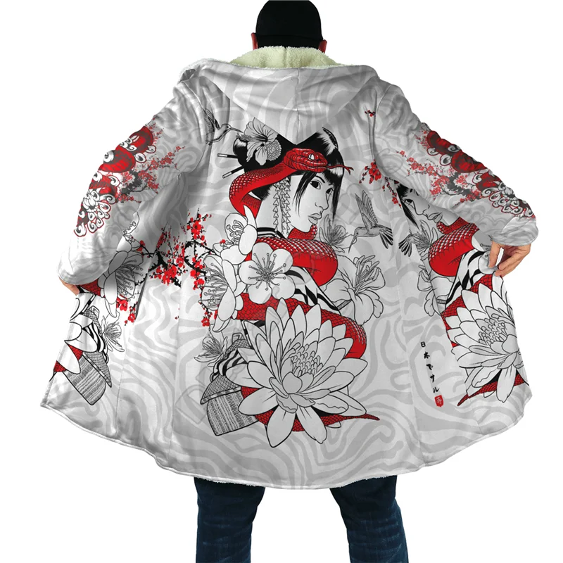 Winter Men For Women Hooded Cloak Japan Geisha Tattoo 3D Prined Fleece Wind breaker Warm Hood Cloak 03