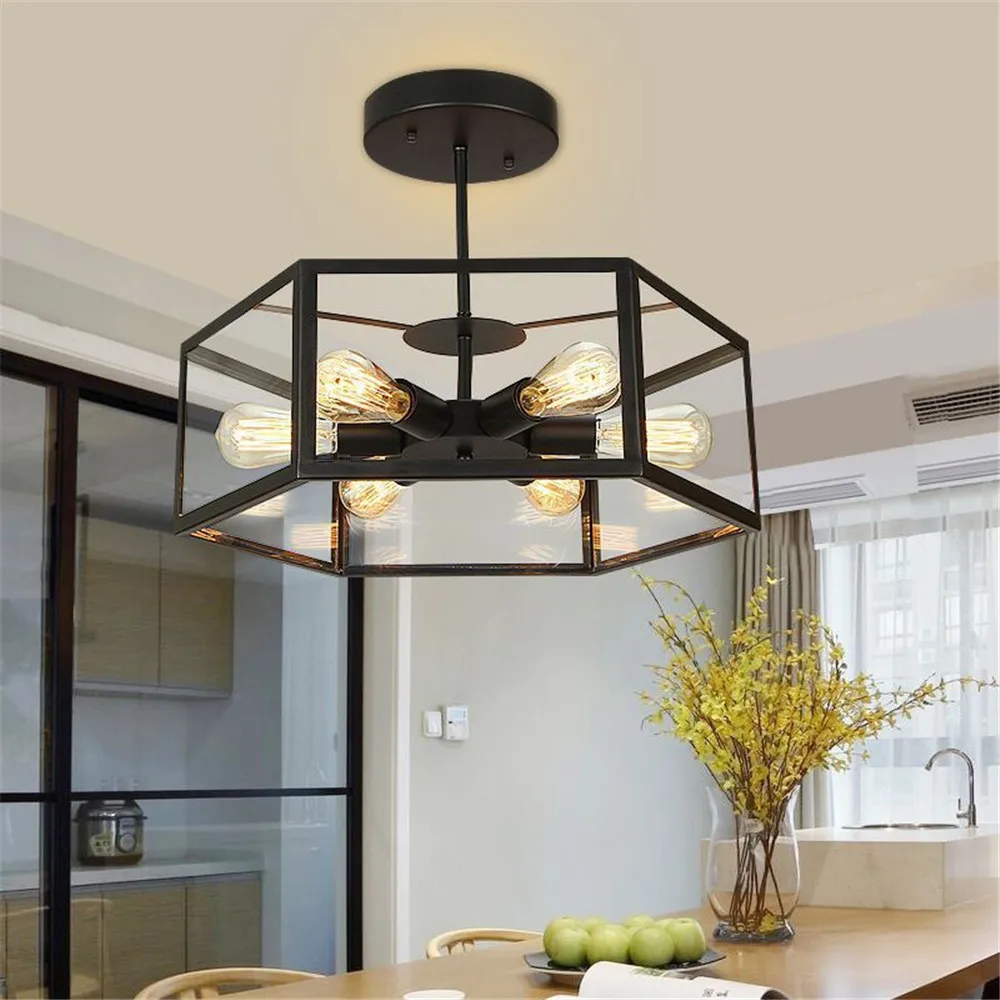 Loft Style Wrought Iron Glass Box Ceiling Lighting American Restaurant Bar Cafe Bedroom Nostalgic Industrial Wind Ceiling Lamp