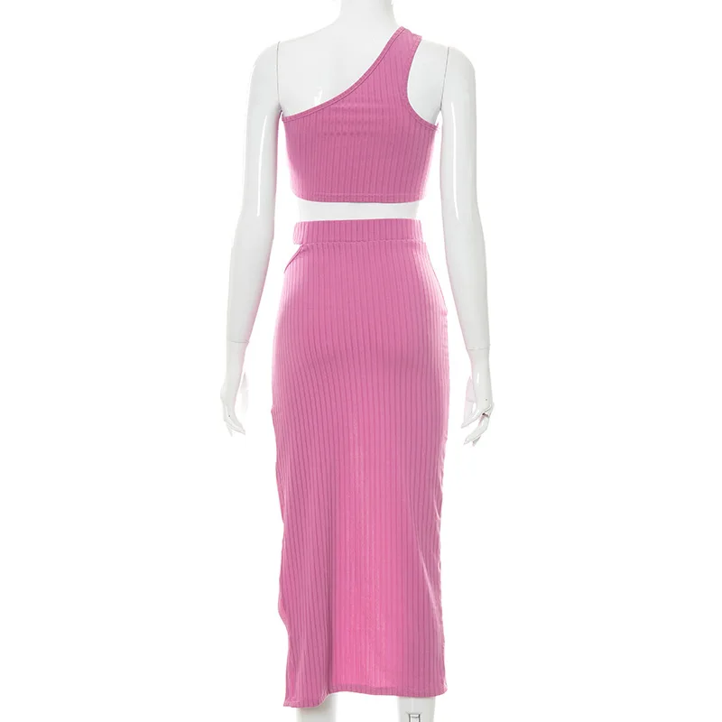BKLD Women Clothing 2024 Summer New Solid Color Knitted One Shoulder Crop Top Waist Hollow Split Midi Skirts Sexy Two Piece Set