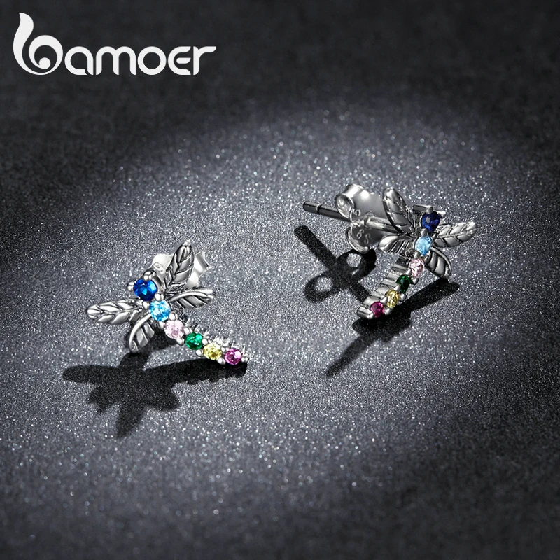 bamoer Genuine 925 Sterling Silver Colorful Multiple Zircons Butterfly Dragonfly Stud Earrings for Women Statement Jewelry