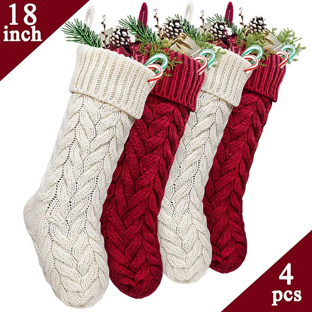 Christmas Stockings, 4 Pack 18 inches Large Size Cable Knit Knitted Xmas Stockings for Family Camping Holiday Season Decor