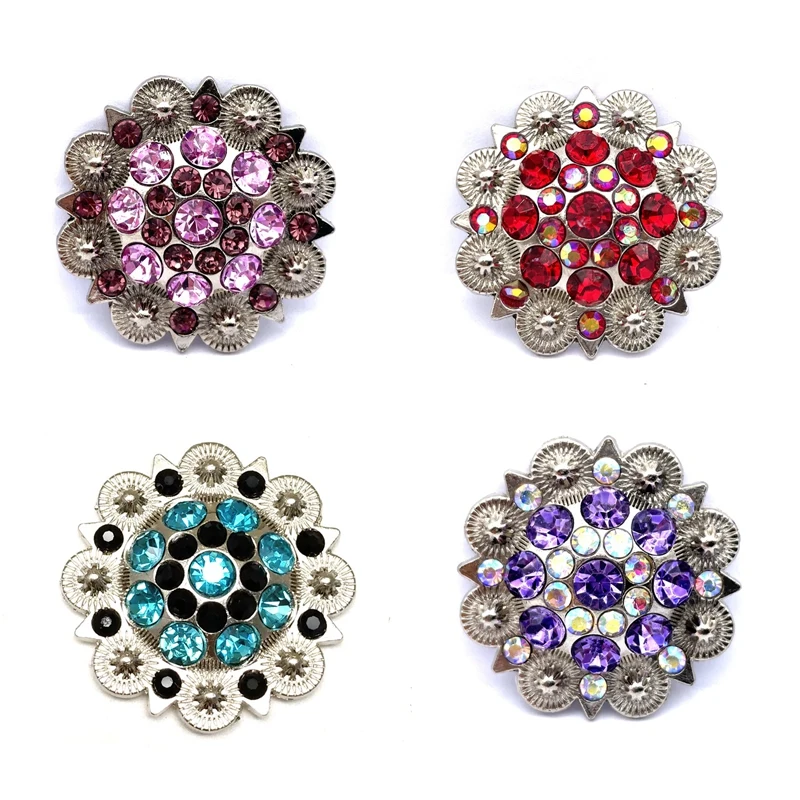 Conchos occidentales de flores de Metal, accesorios de cinturón de decoración de diamantes de imitación Multicolor, blanco y azul, venta al por