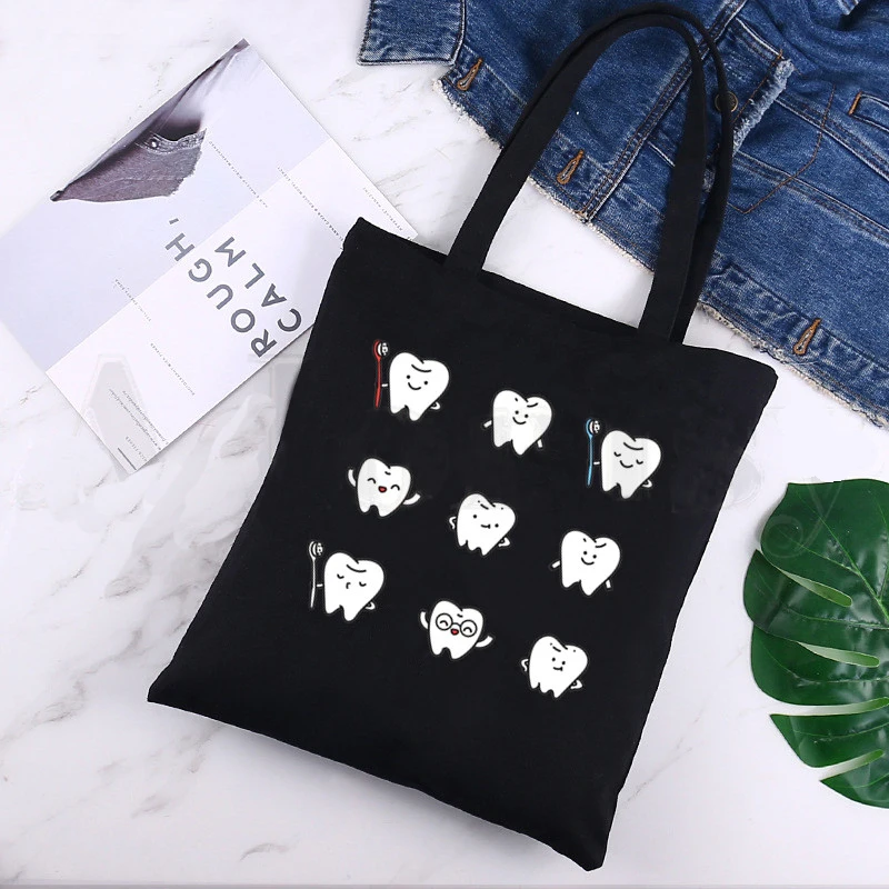 Tooth and Dentist Graphic Aesthetic Funny Fashion Black Canvas Print Shopping Bags Girls Fashion Life Casual Pacakge Hand Bag