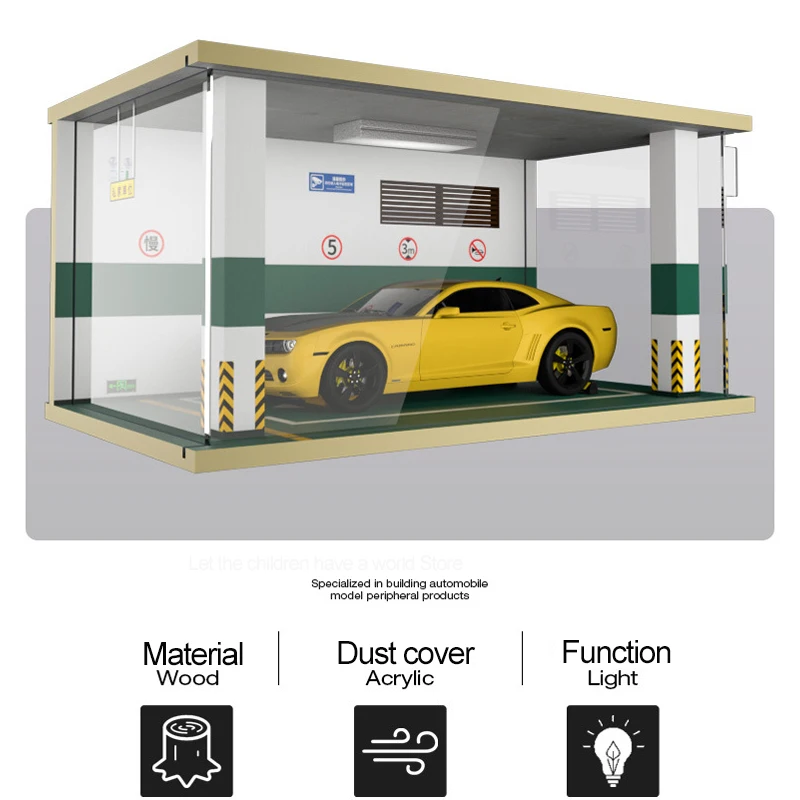 1:18 Scale Simulation Car Garage Model Solid Wood Parking Lot Model Scene Acrylic Display Box With Light Decoration Display Box